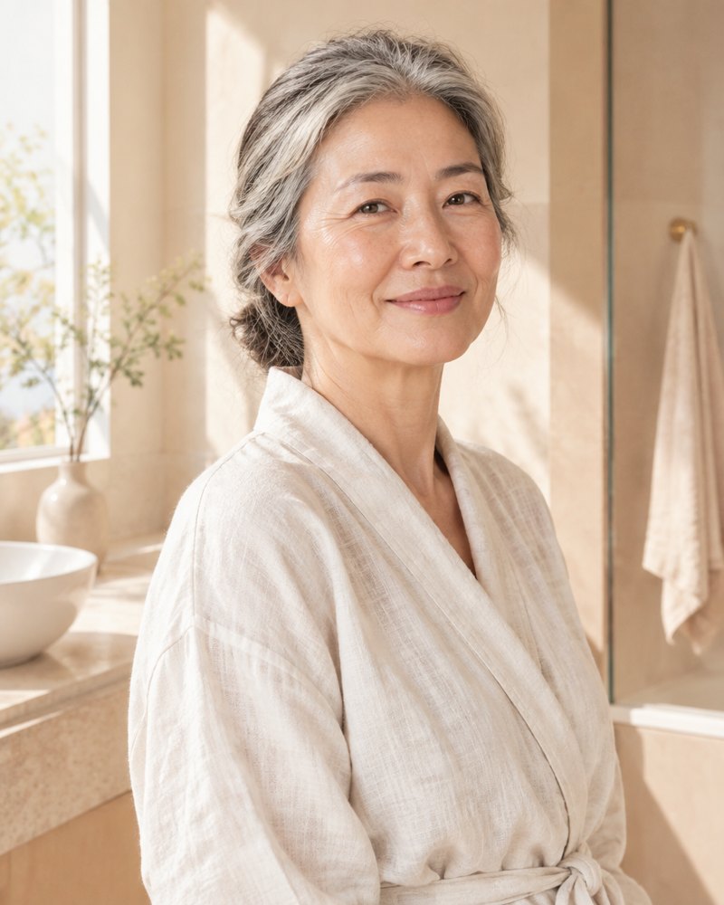 Woman in her late fifties with luminous skin in a bright bathroom