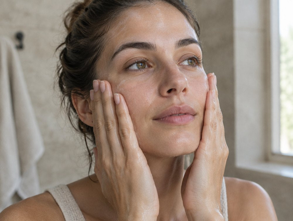 Woman in her thirties pressing a mist into damp skin