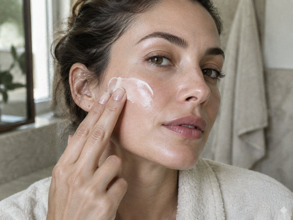 Woman smoothing a light cream over her cheek, skin still dewy