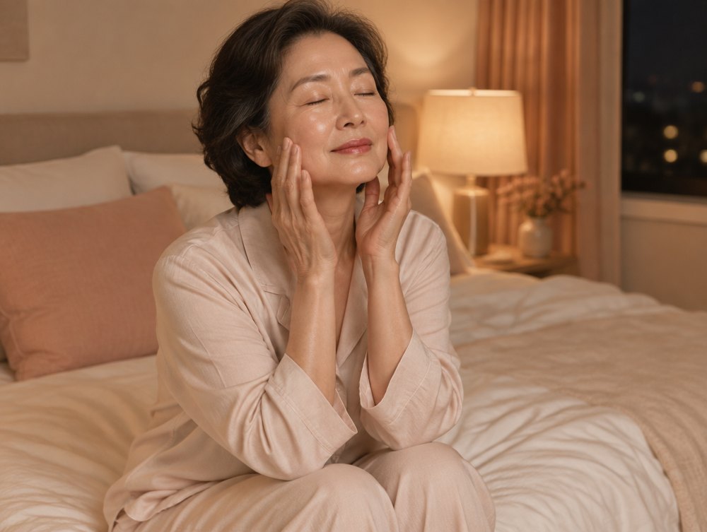 Woman applying her evening skincare, sitting on the edge of the bed